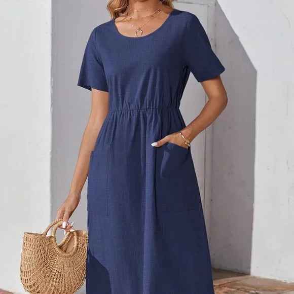 Women's Cotton Linen Midi Dress Casual Short Sleeve Flowly Beach Tunic - Picture 2 of 7